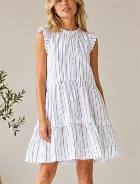 ME+EM Cotton Blend White Blue Strip Swing Mini Dress US 8